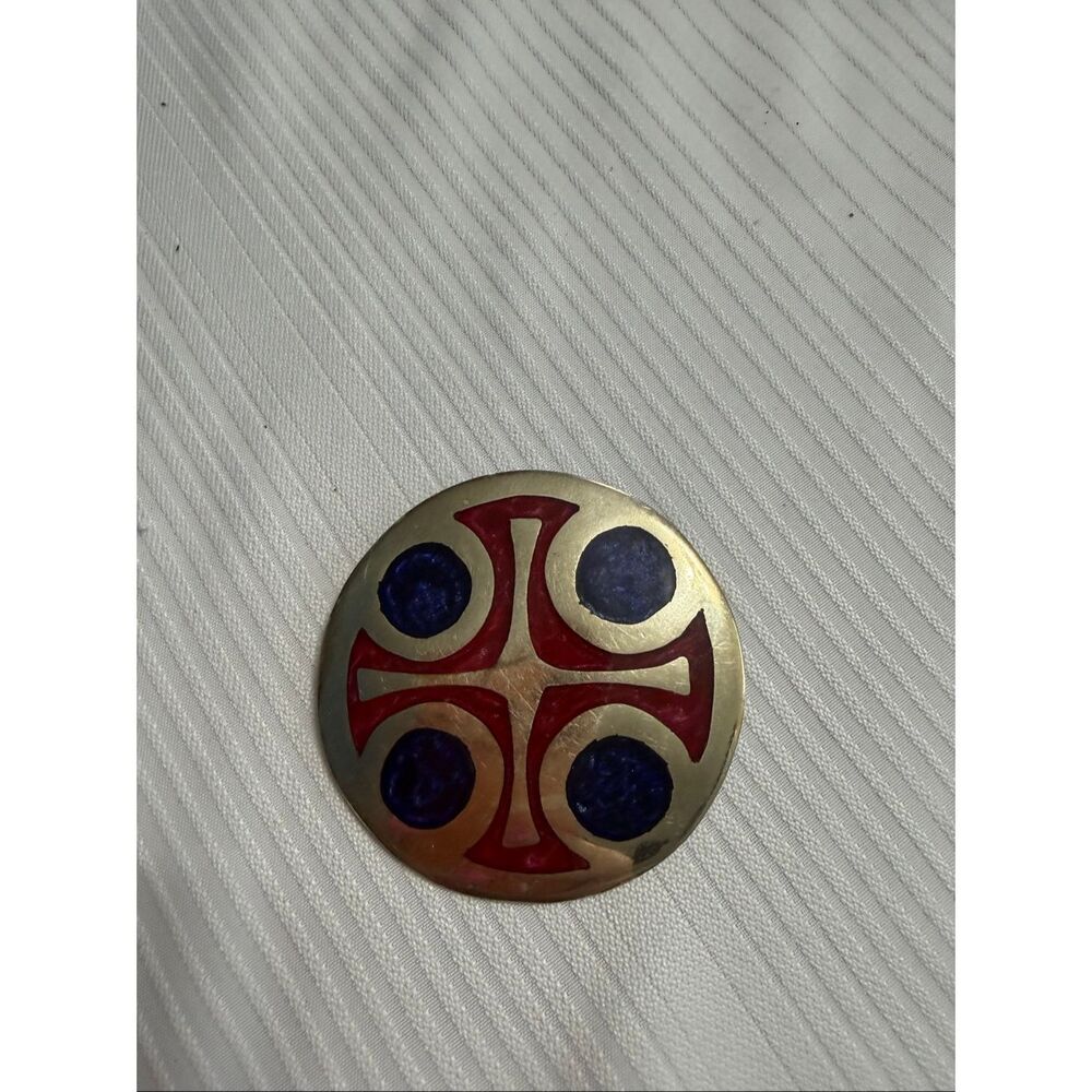 Alpaca Mexico Silver Tone Inlay Pendant Brooch Pin Round Geometric Blue Red
